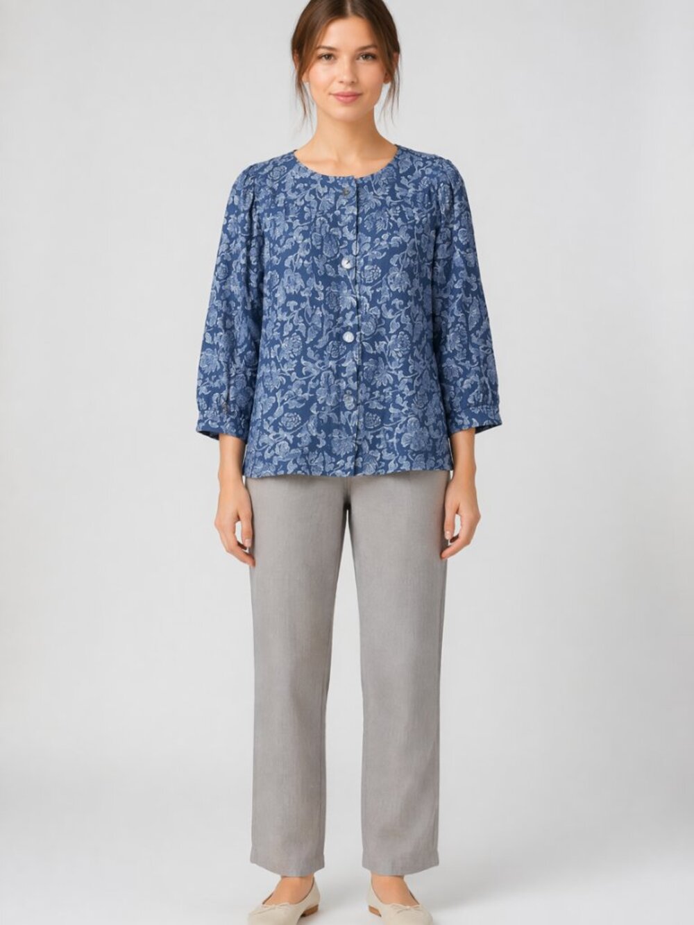 J Jill Silver and Blue Tencel Linen Blend Jacquard Jacket Medium Tall Long MT